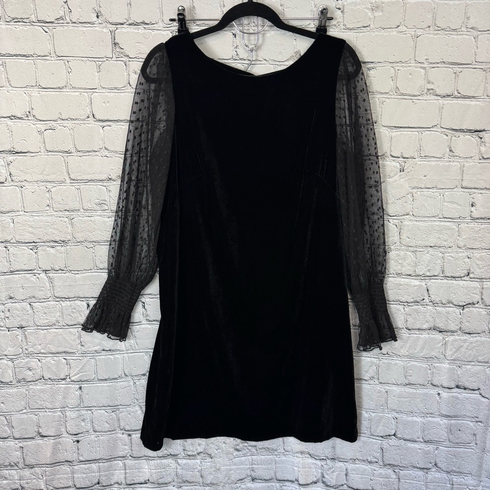 Talbots Black Velvet Formal Dress with Sheer Polka Dot Long Sleeves Size 12